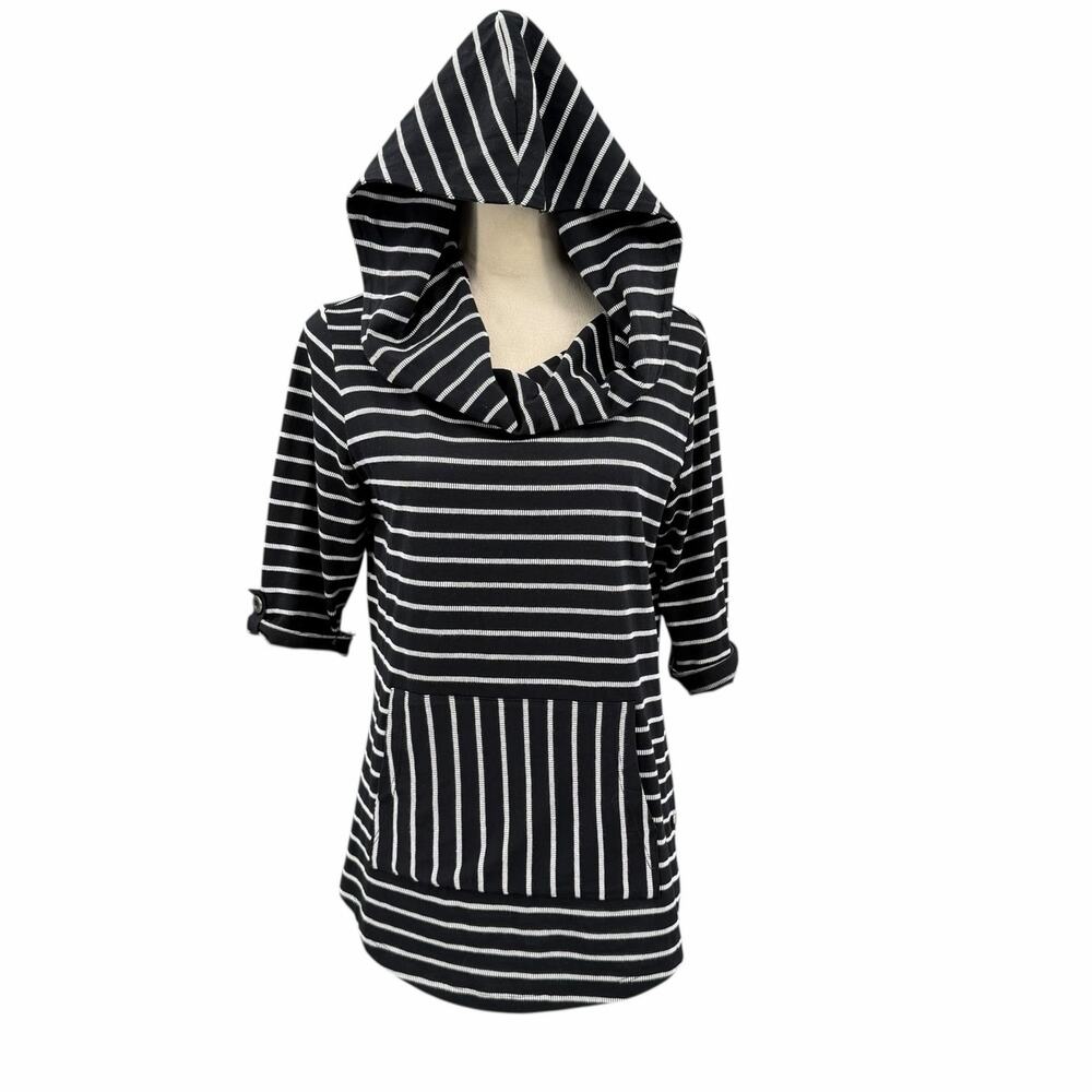 Neon Buddha Slouchy Striped Cowl Hood Neck Roll Tab Half Sleeve Pullover Top